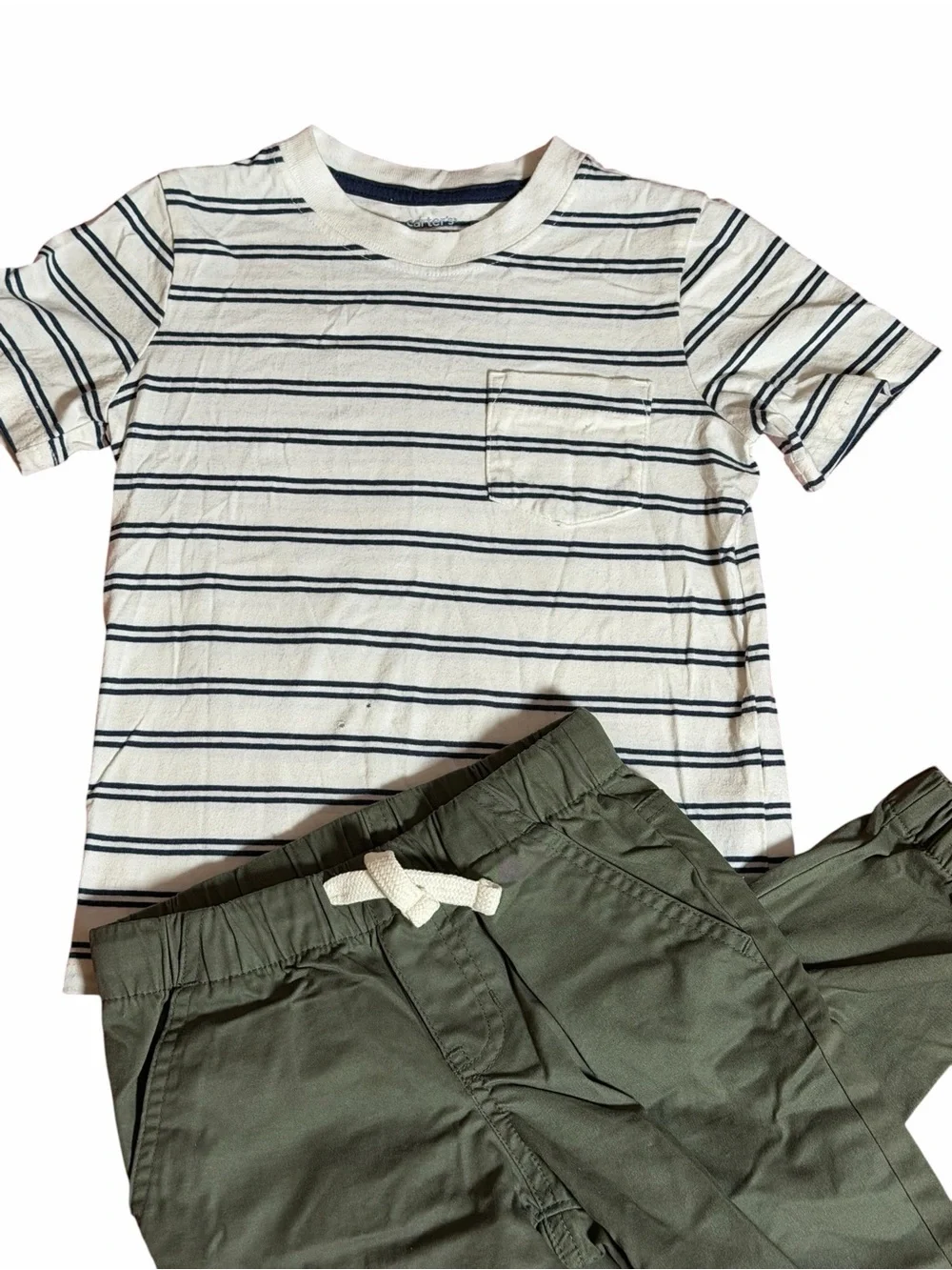 Boys Striped White & Navy Tee with Olive Jogger Pants Set Size 4